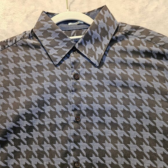 BUGATCHI dress shirt Mens L chest 44 geometric blue black shaped fit flip cuff - Picture 13 of 16